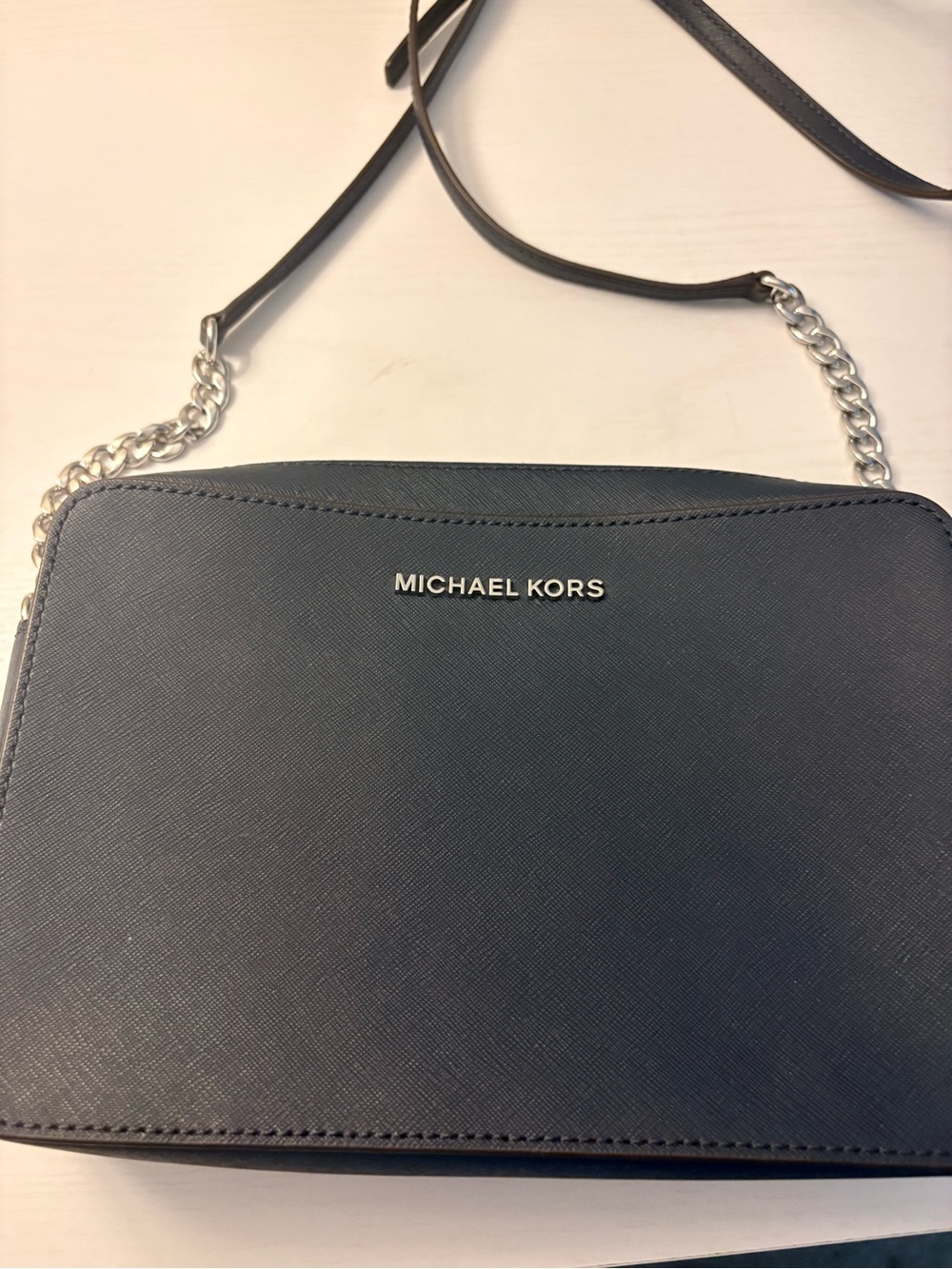 Michael Kors Navy Leather Crossbody Messenger Bag with Silver Chain